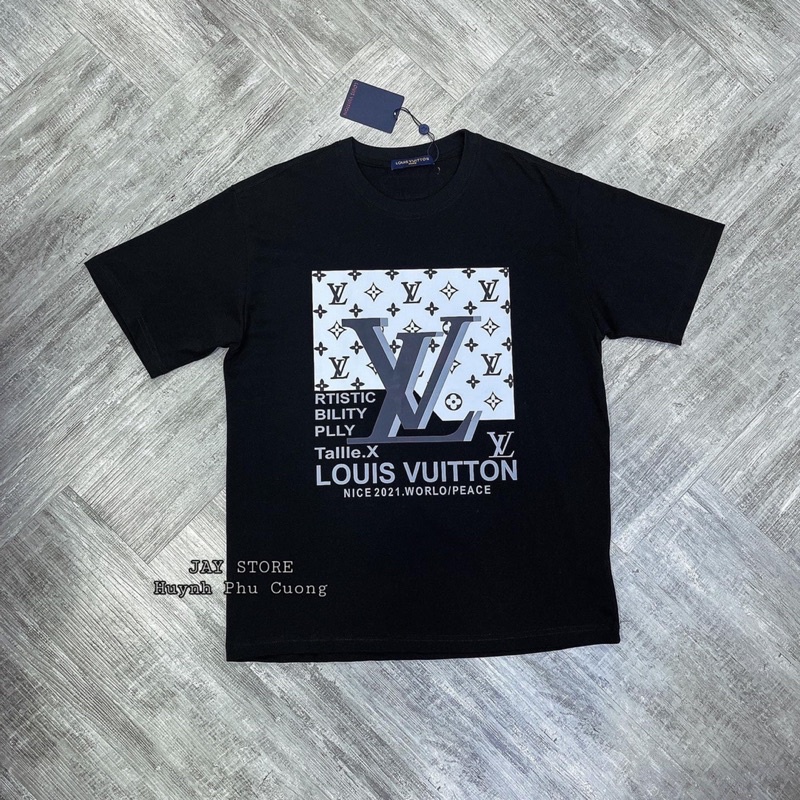 Áo Thun cổ tròn Lv in chữ,Áo Phông tay ngắn Lv mùa hè 2 màu trắng đen thun cotton co giản 4 chiều