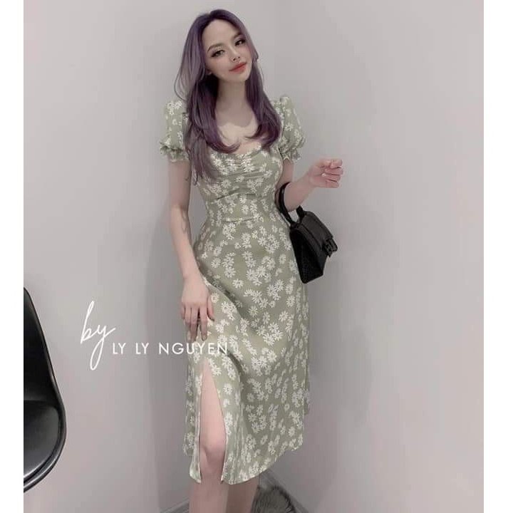 Váy đầm nữ dự tiệc dáng xòe hoa cúc họa mi tay con nhún trước ngực chất lụa hoa cao cấp mềm mại, mặc tôn dáng | BigBuy360 - bigbuy360.vn