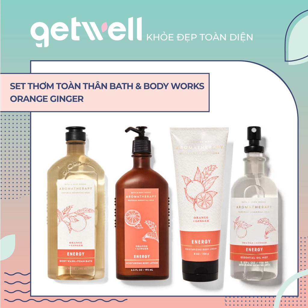 Set Xịt Tinh Dầu Sữa Tắm Sữa Dưỡng thể Kem Nến thơm phòng Bath & Body Works Aromatherapy - ENERGY ORANGE GINGER