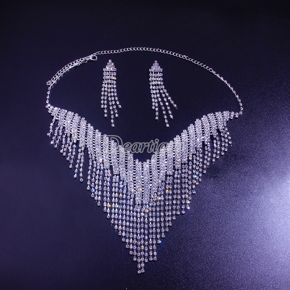 Set dây chuyền + hoa tai đính đá tua rua thời trang