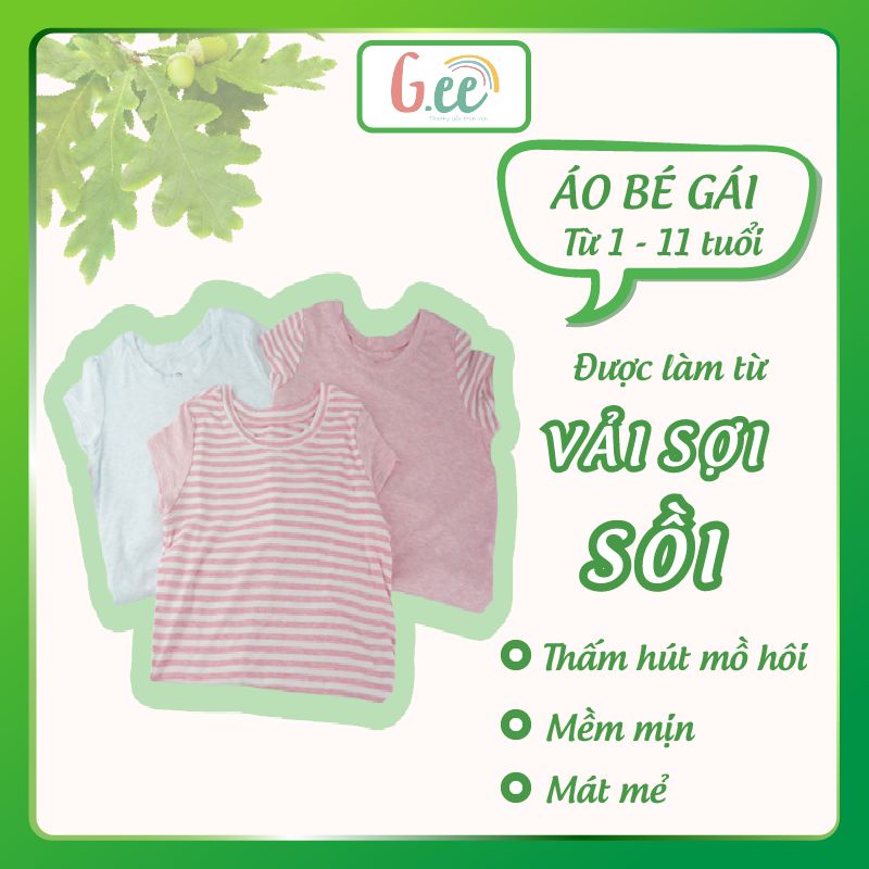 Áo Thun Bé Gái, Áo Phông Trẻ Em Nữ Ngắn Cộc Tay Trơn, Sọc Kẻ Dễ Thương Gee Vải Sồi Mềm Mát, Thấm Hút Mồ Hôi