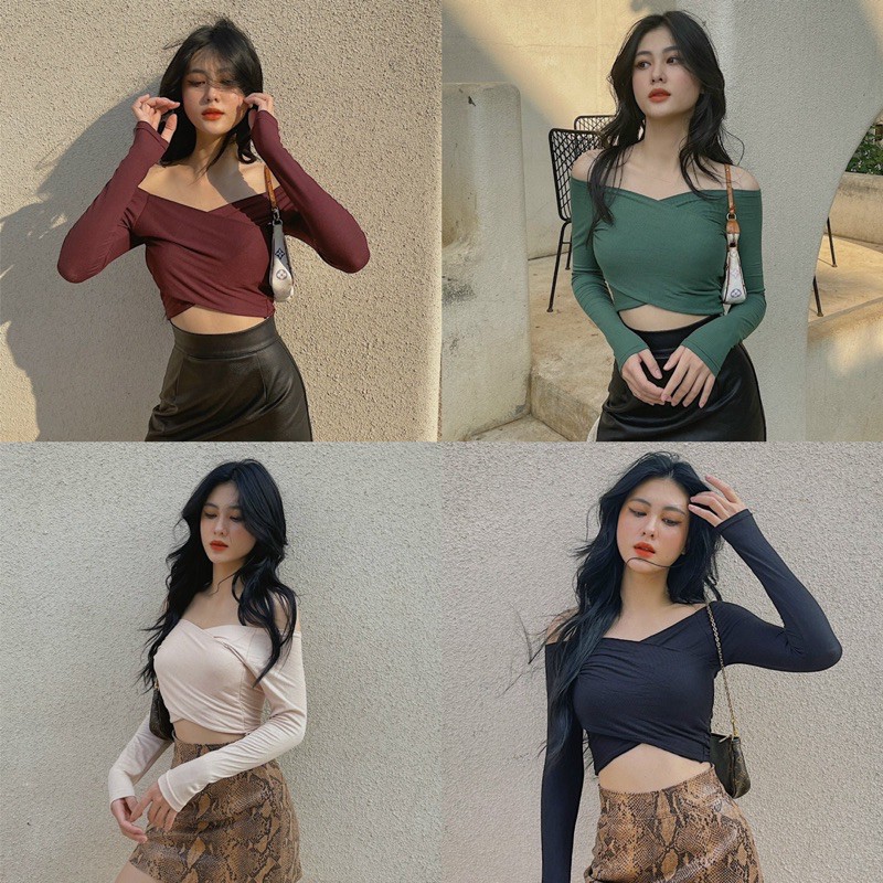 Áo croptop nữ tay dài HHVINTAGE kiểu chéo hai vạt thun co giãn TOP A55