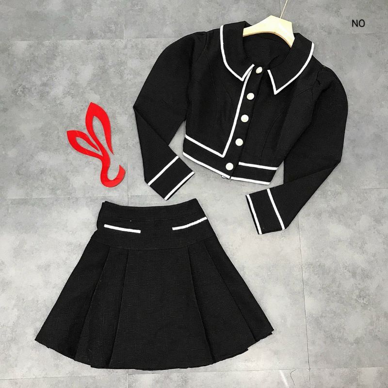 Set bố dạ áo cổ sen tay dài viền + chân váy xếp li