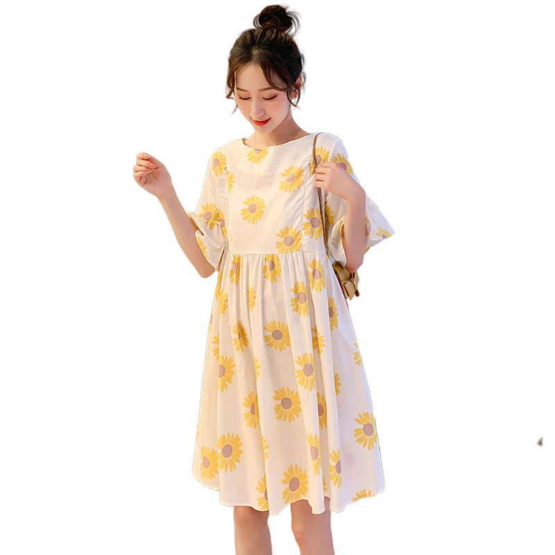 Váy bầu ngắn tay bằng lanh cotton in hoa có khóa kéo size m-2xl thời trang