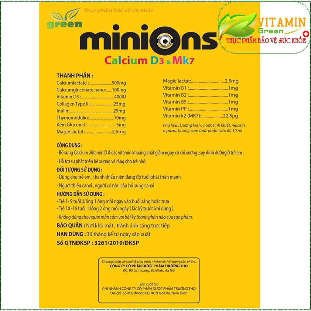 CANXI CHO BÉ MINIONS CALCIUM D3 VÀ MK7 GIÚP HỖ TRỢ PHÁT TRIỂN XƯƠNG, RĂNG CHO BÉ 20 ỐNG