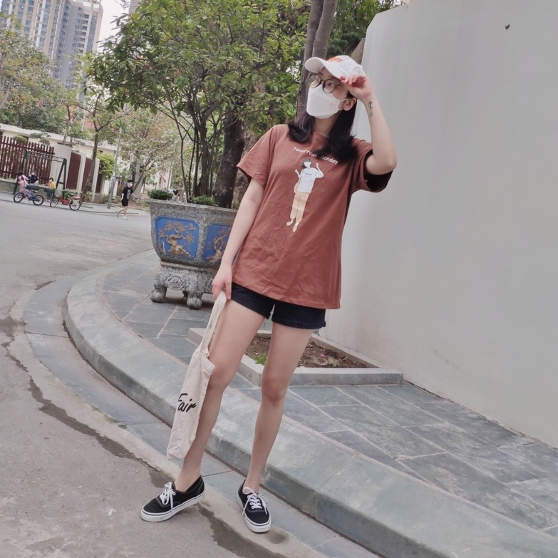 Áo thun cotton nữ tay lỡ dáng rộng hình Cô Gái basic vải loại 1 thời trang ulzzang Hàn Quốc cho teen sinh viên