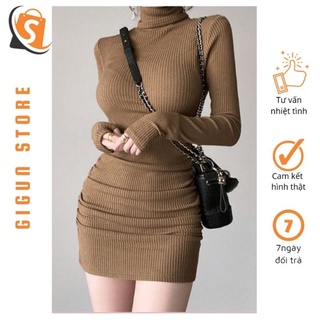 Đầm body cổ lọ tay dài nhún sườn