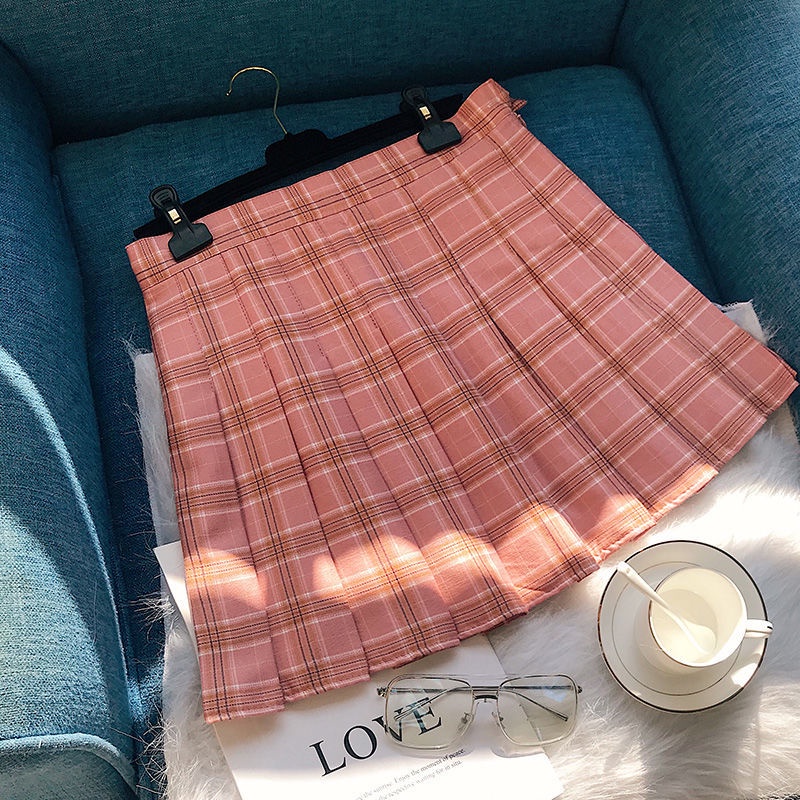 Chân váy ngắn dáng chữ A xếp ly kẻ sọc caro lưng cao phong cách mới thời trang xuân thu cho nữ 2021