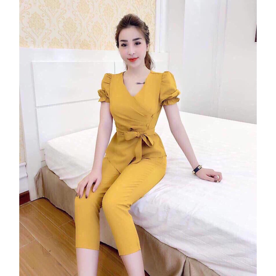 Bộ Jumpsuit lửng nữ cổ V thắt nơ eo tay bồng J62