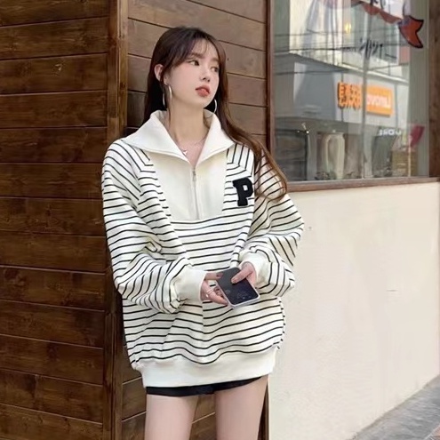 ZHELIHANGFEI Áo Nỉ Tay Dài Cổ POLO Có Khóa Kéo Họa Tiết Kẻ Sọc Thêu Họa Tiết Phong Cách Preppy