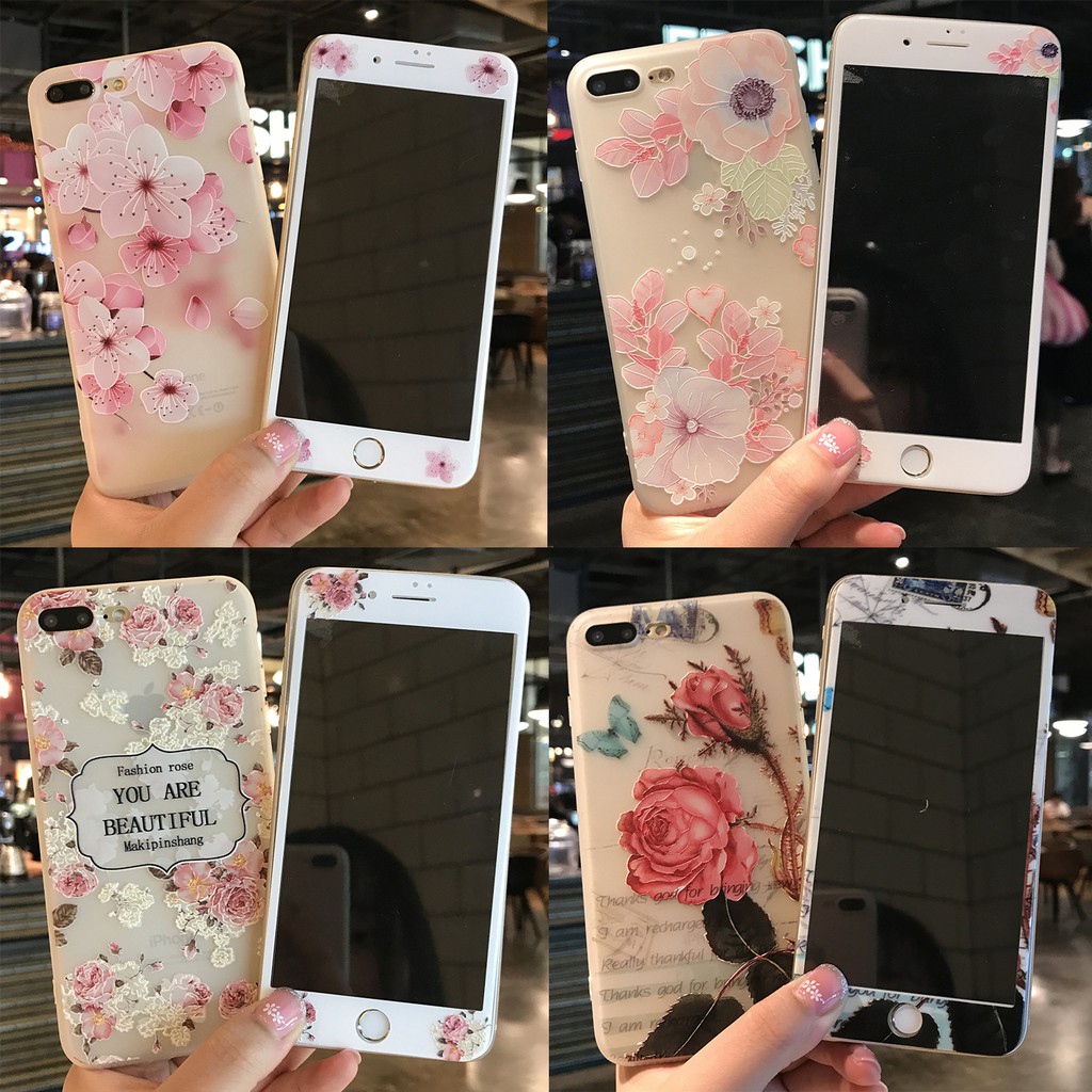 Combo ốp lưng dẻo kèm kính cường lực full màn hình đồng bộ họa tiết hoa 3D 1 - Iphone 6, 6plus, 7, 7plus, 8 , 8plus