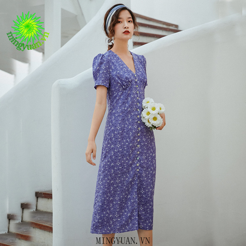 ( Mingyuan ) New retro green flower v-neck puff sleeve chiffon long dress