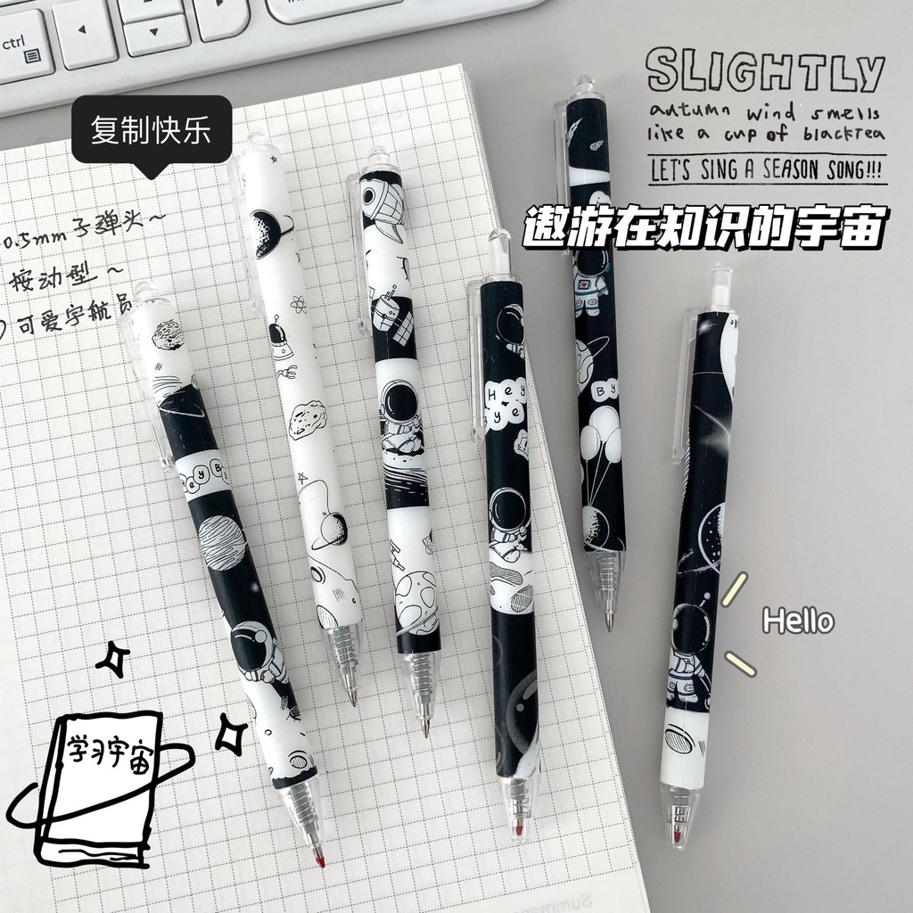 Bộ 6 cây bút bi viết mực gel đen ngòi 0.5 in hình phi hành gia kiểu Hàn Quốc