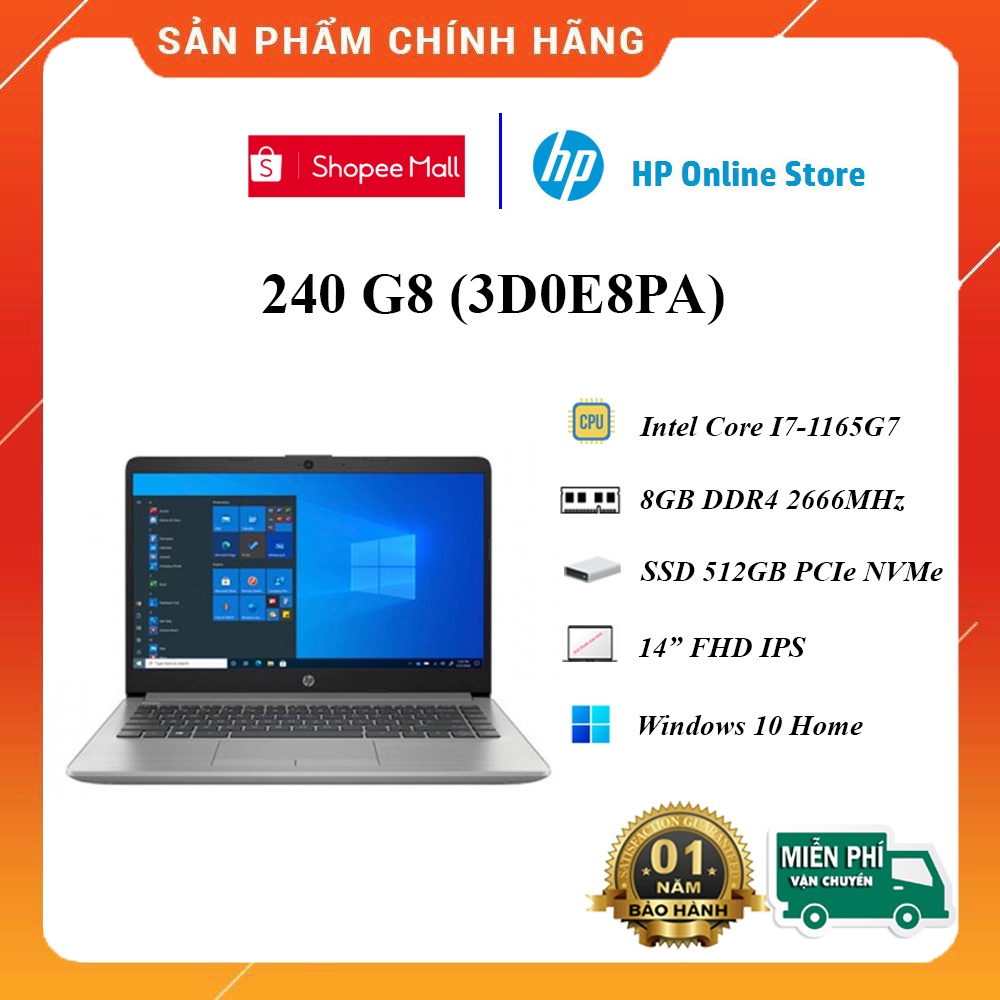 Laptop HP 240 G8 3D0E8PA (Core i7-1165G7/8GB/512GB/Intel Iris Xe/14.0 inch FHD/Win 10/Bạc)