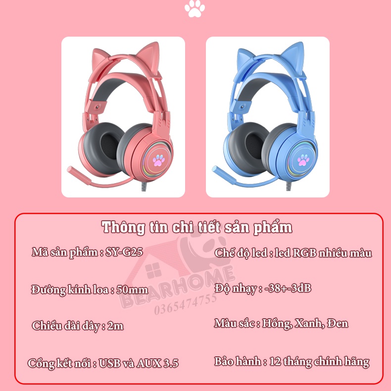 Tai Nghe Chụp Tai Có Dây Có Tai Mèo Có Micro Đàm Thoại Chơi Game. Tai Nghe Máy Tính Gaming Headphone Cute
