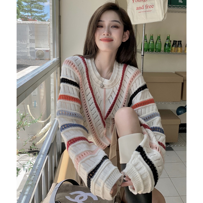 Áo Sweater Tay Dài Dáng Rộng Kẻ Sọc Cầu Vồng Thời Trang Cá Tính