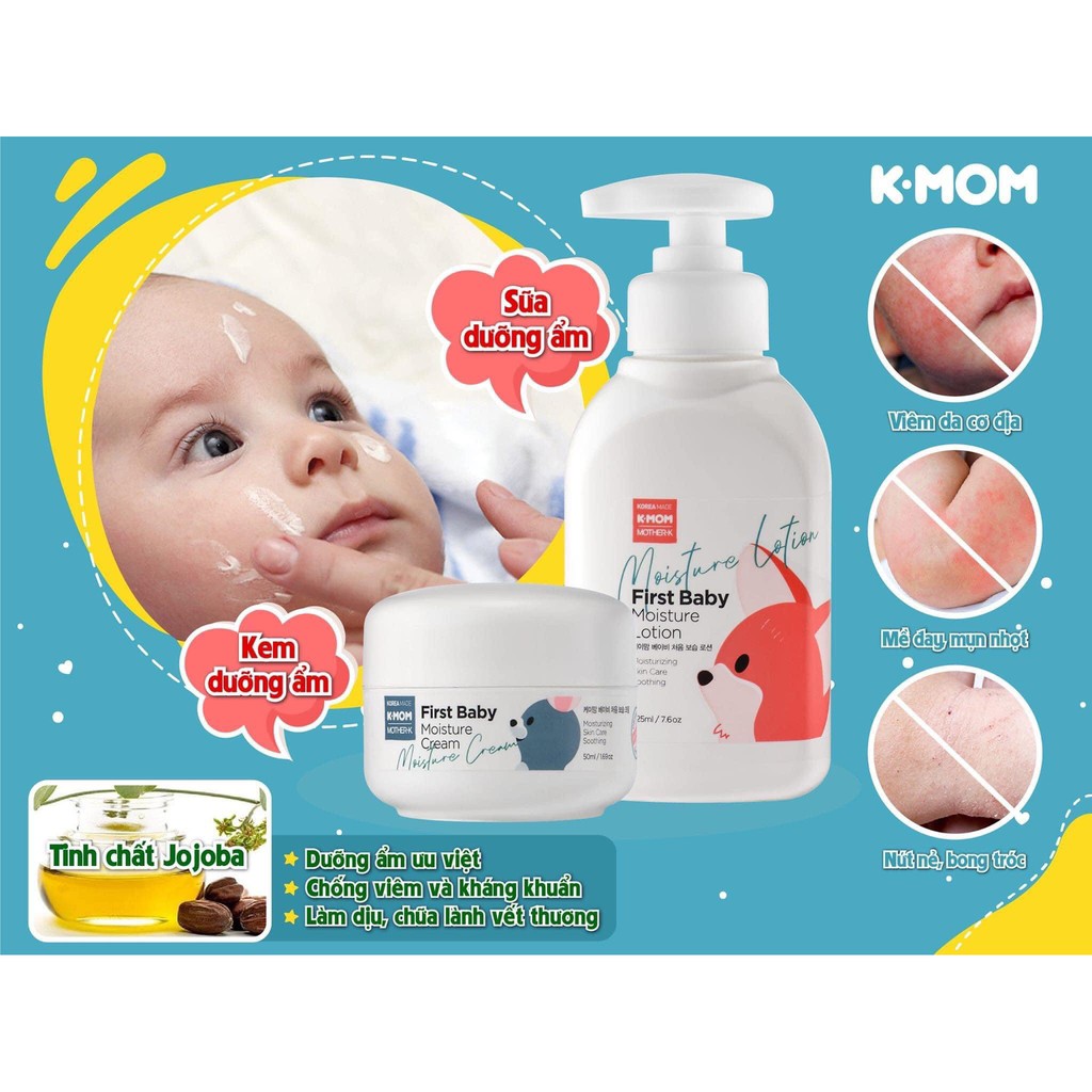 Sữa dưỡng ẩm 225ml/ Kem dưỡng ẩm 50ml Jojoba hữu cơ K-Mom HQ cho bé