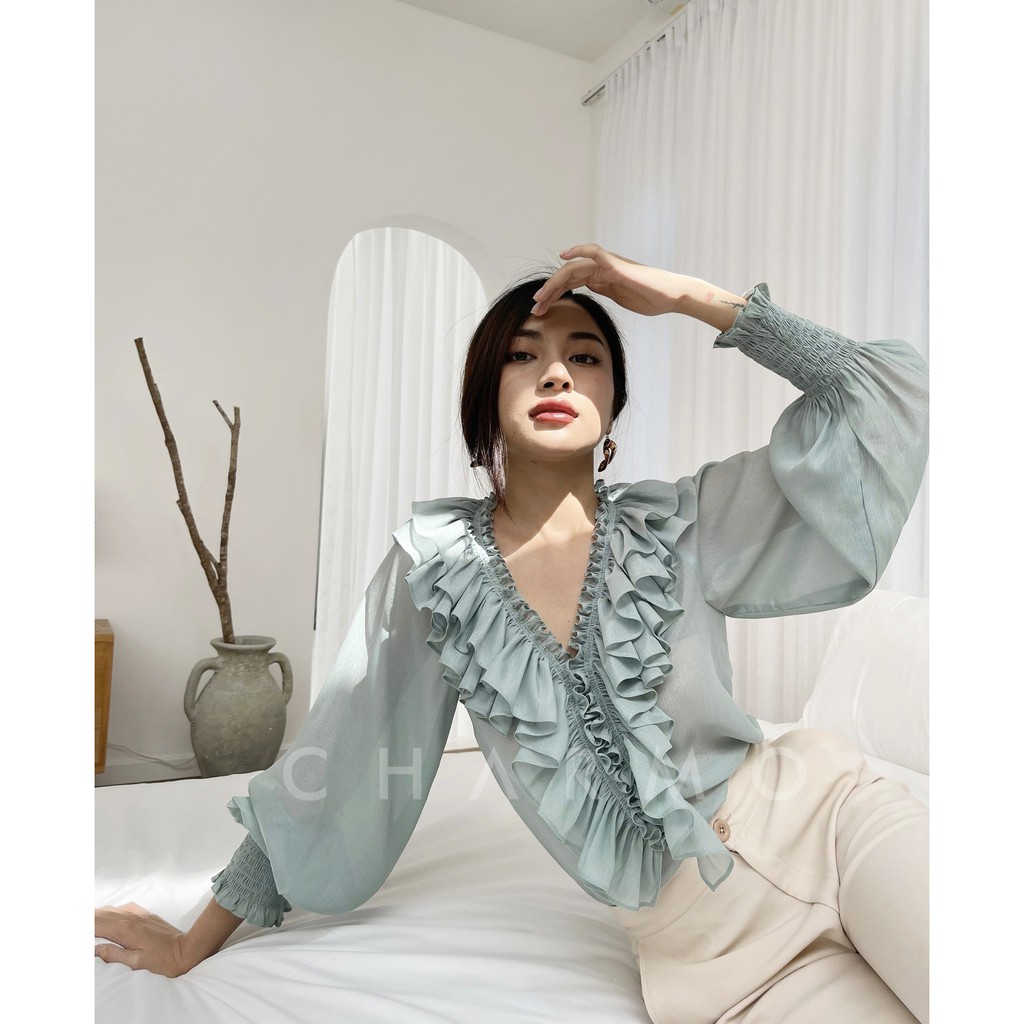 Áo voan kiểu CHARMO cổ bèo chất lụa dệt kim êm ái freesize Ruffle String Top