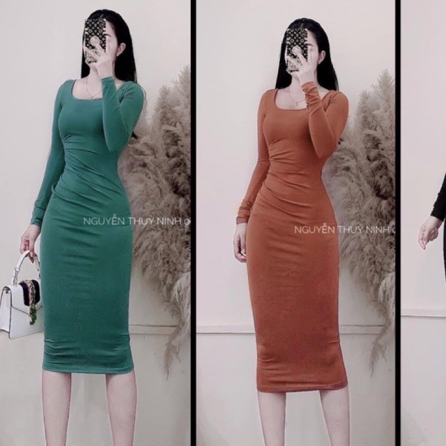 Váy đầm body len zip trơn cổ tròn rúm li eo siêu xinh L1 yy pl lina mc
