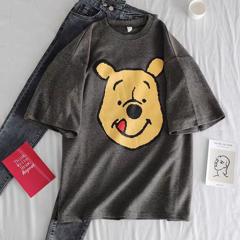 Ready Stock Hanwinnie Bear Printed Student Girl Round Neck Short Sleeve Lady Print Wide Simple Shirt Top