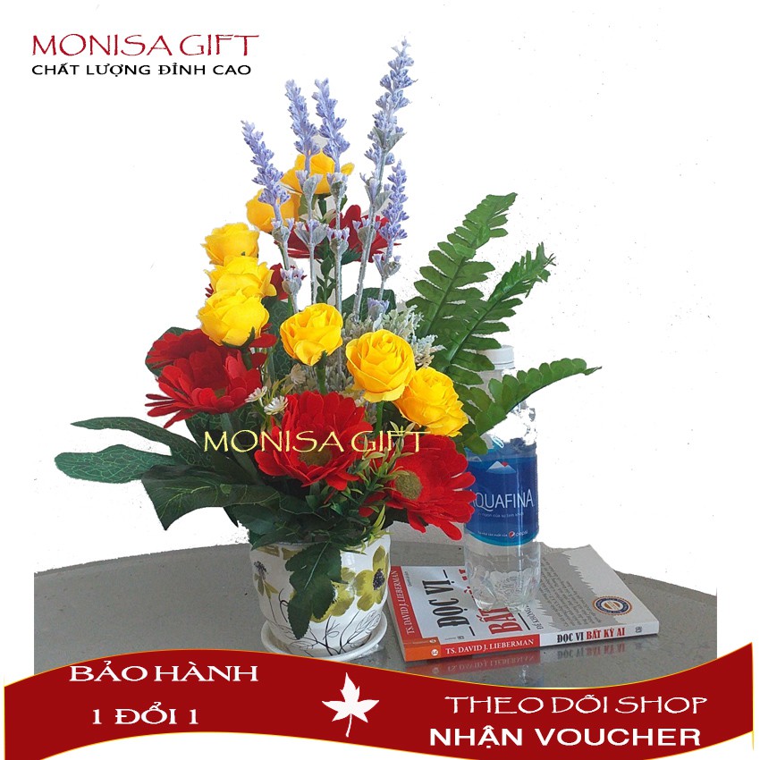 Hoa Giả, Chậu Hoa Giả Để Bàn Cao Cấp Monisa Gift {TẶNG} Chậu Sứ 25K