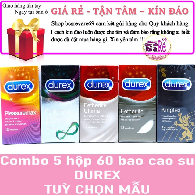 [Free Ship] Combo 5 hộp Bao Cao Su Durex tùy chọn 60bcs tặng 5 gel bôi trơn Vip