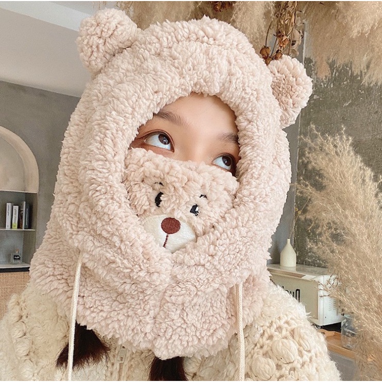Mũ lông tai gấu đội đầu dễ thương giữ ấm cổ kiêm khẩu trang đi chơi chụp ảnh mùa đông đẹp