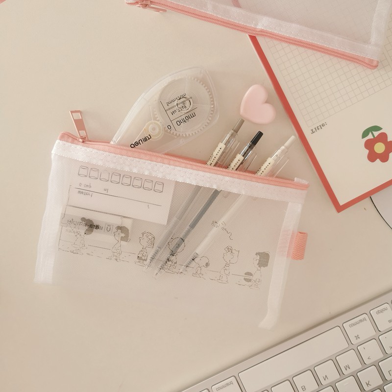 Túi đựng bút chì lưới cho học sinh hình Snoopy trong suốt dễ thương