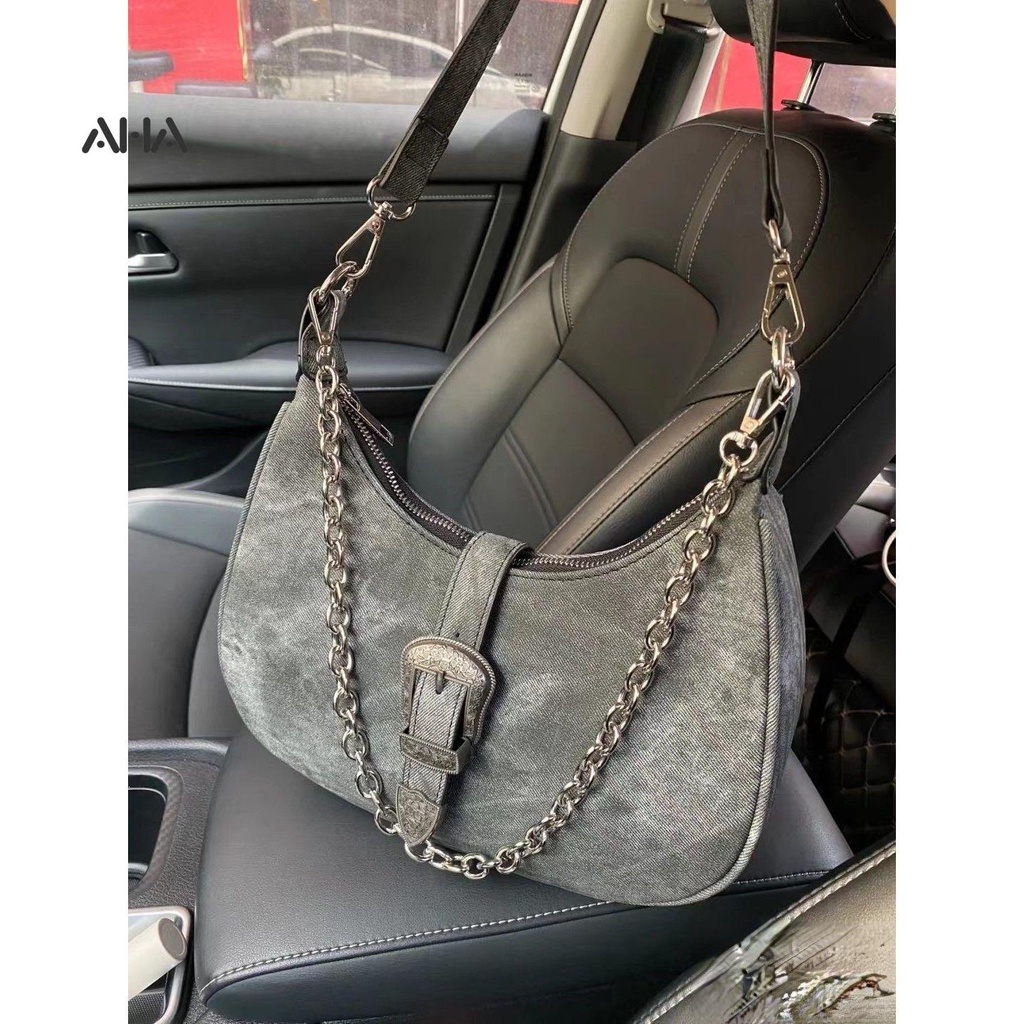 Túi xách AHA OFFICIAL đeo vai vải canvas phối dây da và sợi xích thời trang dành cho nữ