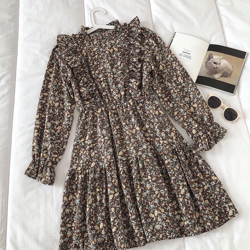 [Quà tặng là chun tóc nữ tính] Váy babydoll hoa nhí viền bèo Junnie Closet Đầm dáng xòe họa tiết chất lụa hàn ulzzang | BigBuy360 - bigbuy360.vn