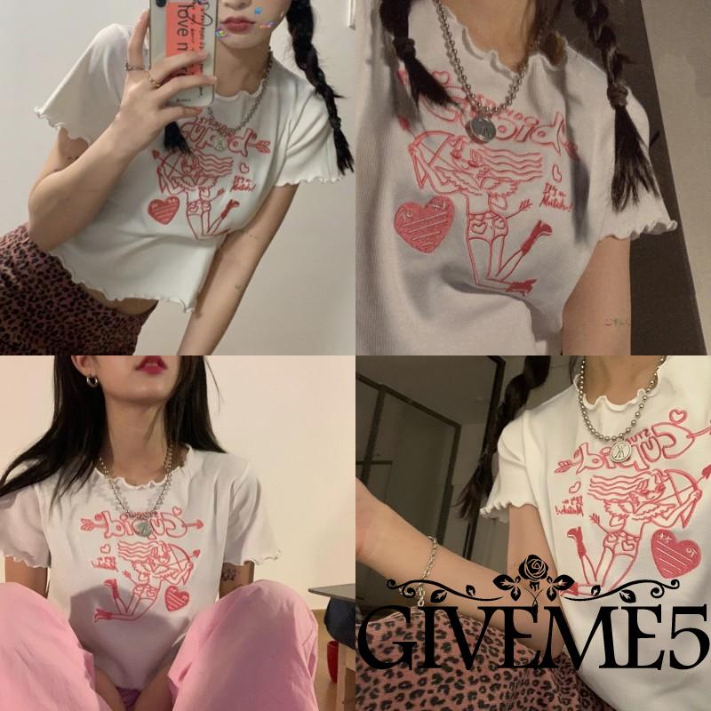 Áo Thun Lửng Ngắn Tay Thêu Họa Tiết Thời Trang Cho Nữ