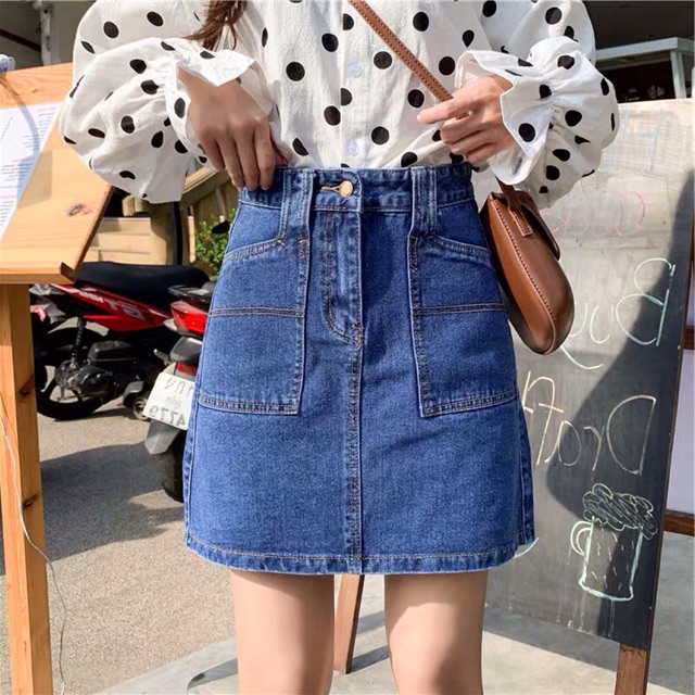 Chân váy jean chữ A dáng ngắn cạp cao có quần lót trong trẻ trung năng động chất liệu jean cao cấp V1 V19 Jeanelle Store | BigBuy360 - bigbuy360.vn