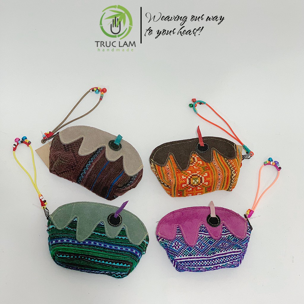 Ví Cầm Tay Nữ VÍ Sò Cầm Tay Vải Thổ Cẩm Phối Vải Da Lộn Có Gắn Vòng Chuông (B) - Trúc Lâm Handmade