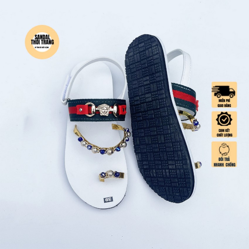 Dép sandal nữ xỏ ngón, SANDALTHOITRANG Dép sỏ ngón đính đá 2 màu Trắng/Đen full size 30-44 nam nữ