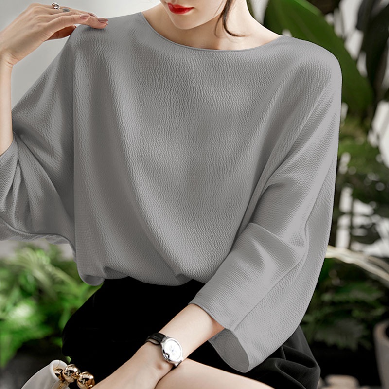 Áo kiểu ZANZEA tay 3/ 4 cổ tròn màu trơn tùy chọn thời trang dành cho nữ