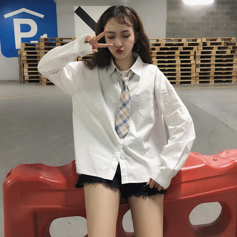 sơ mi ulzzang áo sơ mi nữ trắng dáng dài giấu quần kèm cavat kẻ | BigBuy360 - bigbuy360.vn