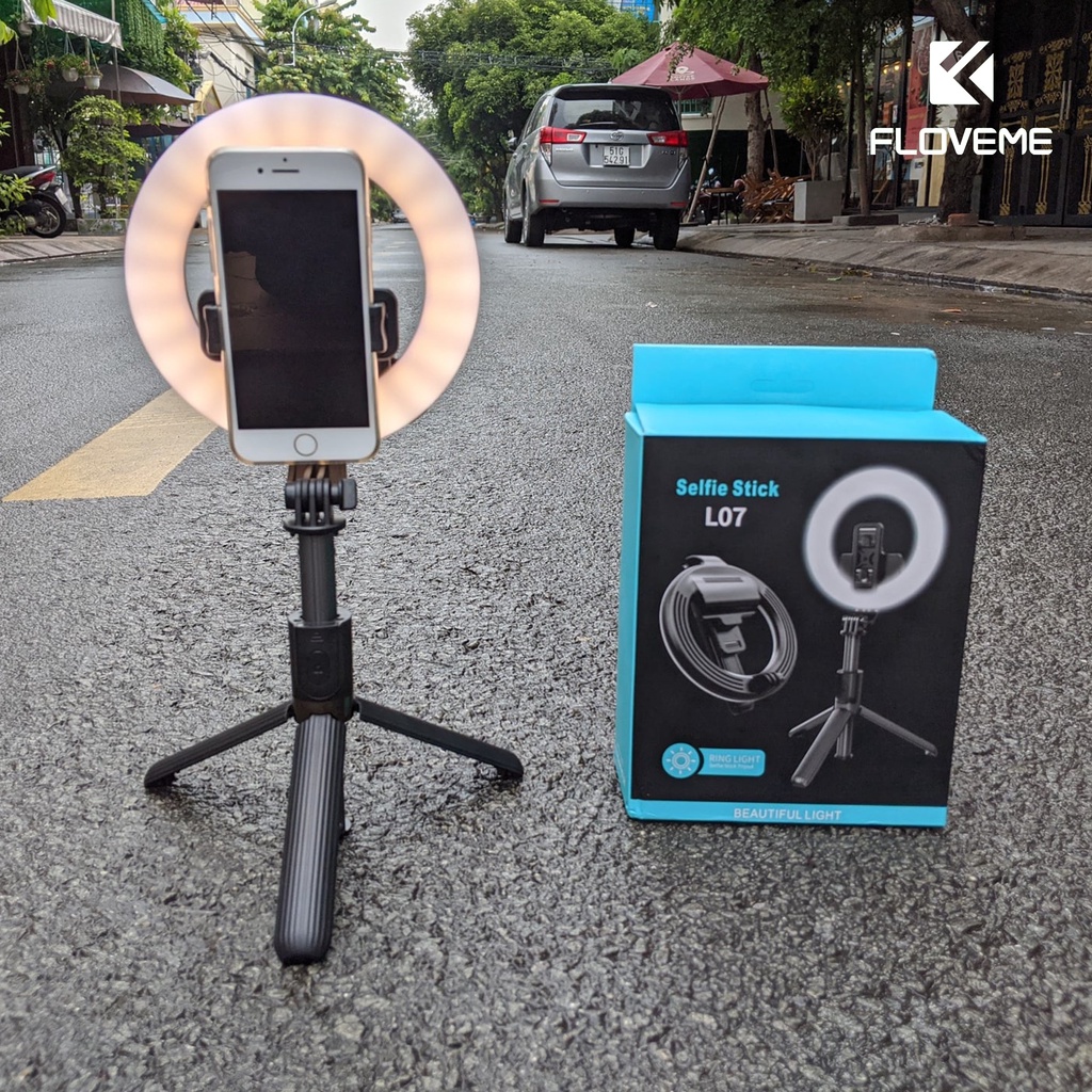 Gậy selfie Floveme -L07 kiêm giá đỡ hỗ trợ Live stream tích hợp vòng đèn Led, Bluetooth 4.0 tiện lợi, Pin 12000 mAh
