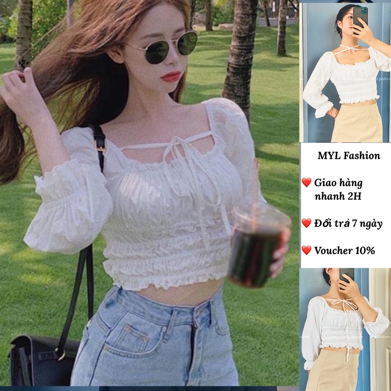 Áo croptop ulzzang trắng buộc dây cổ, áo croptop tay dài cổ vuông - myl.fashion