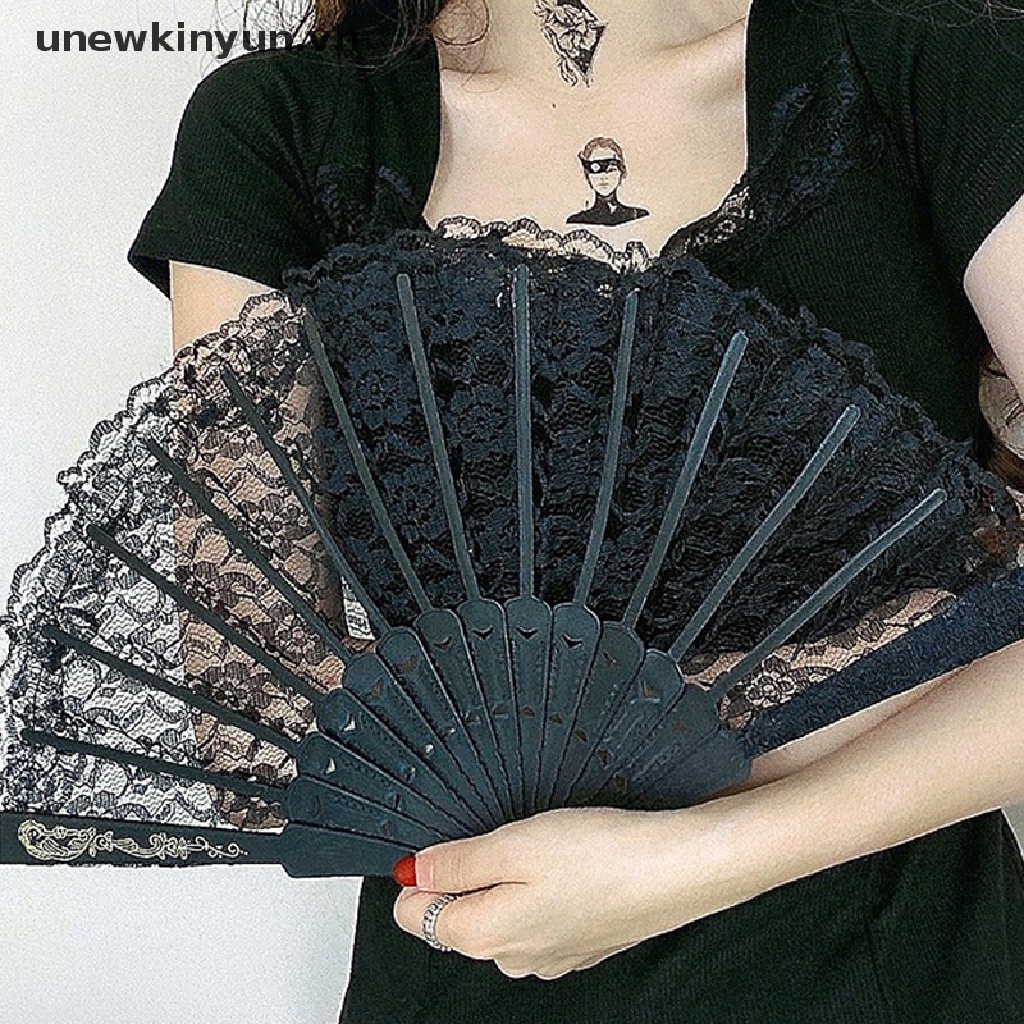 Quạt gấp vải ren in họa tiết nghệ thuật phong cách Trung Quốc vintage dùng làm phụ kiện trang trí
