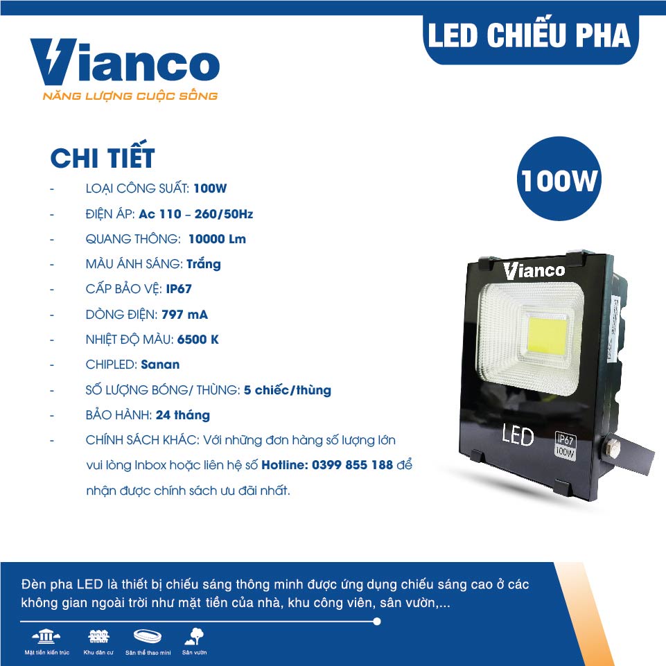 Đèn Pha Led VIANCO Công Suất Tiêu Thụ Điện Thấp, Tạo Màu Ánh Sáng Ấn Tượng