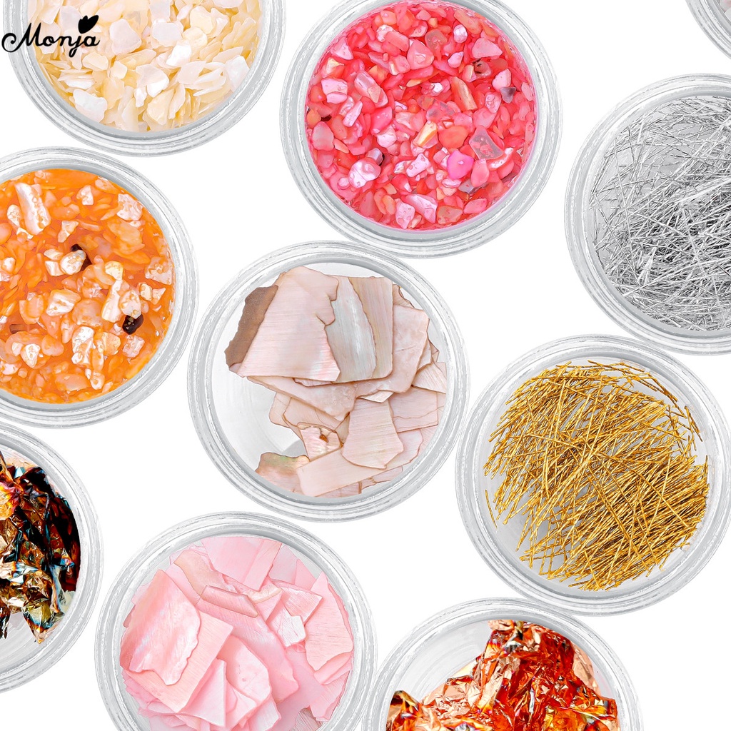 MONJA [Hàng mới về] Set 6/12 hộp phụ kiện trang trí móng hình lục giác làm bằng vỏ sò 3d