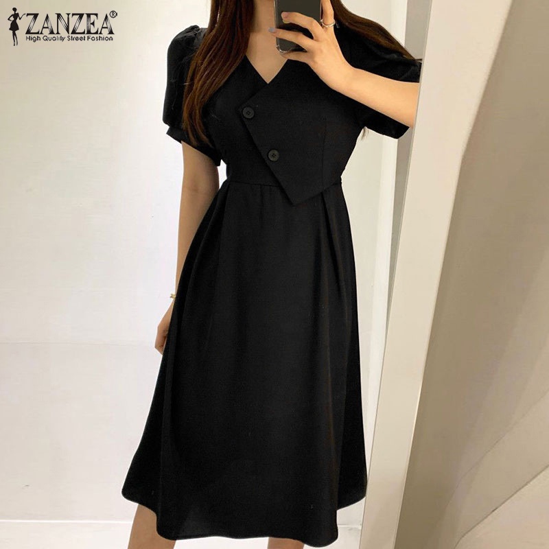 Đầm midi ZANZEA tay ngắn phồng cổ chữ V cài nút thời trang cho nữ