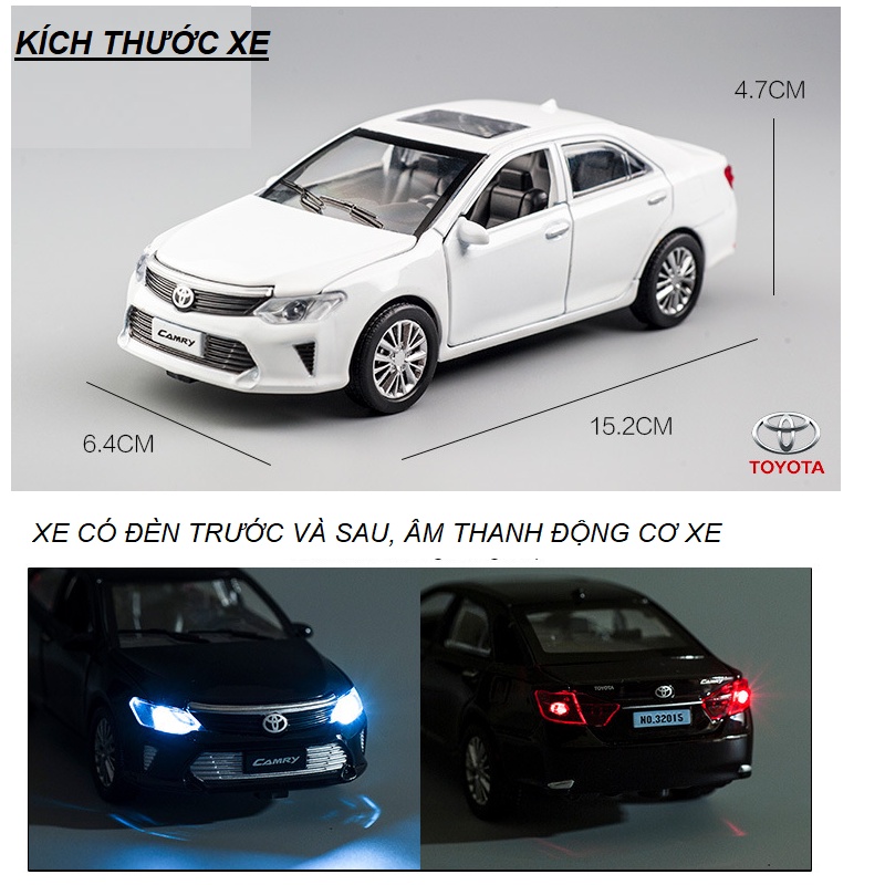 Mô hình xe ô tô Camry đồ chơi trẻ em tỉ lệ 1:32 bằng sắt có đèn và âm thanh xe mở được các cửa