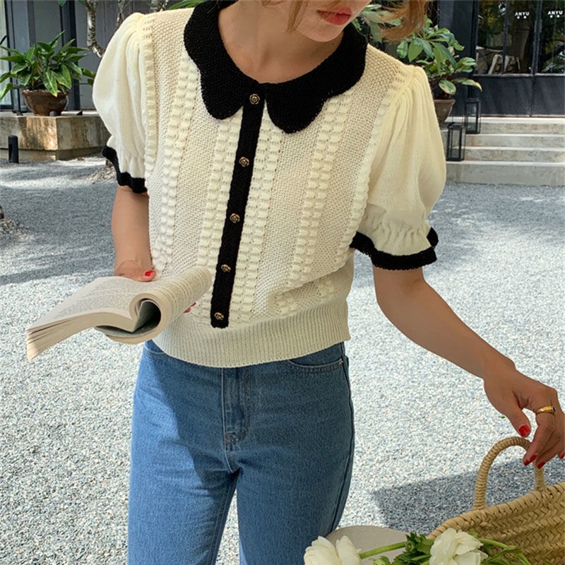 Áo Cardigan Dệt Kim Tay Ngắn Màu Sắc Tương Phản Ngọt Ngào Dành Cho Nữ  tao bao