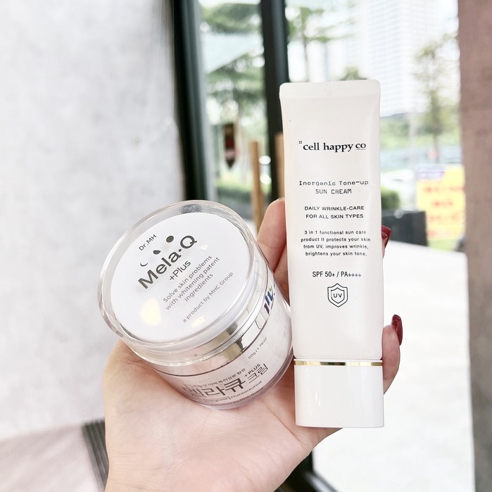 Combo Giảm Nám, Trắng Da, Chống Lão Hóa Kem Nám Mela Q Plus 50ml + Kem Chống Nắng Cell Happy Co 50ml