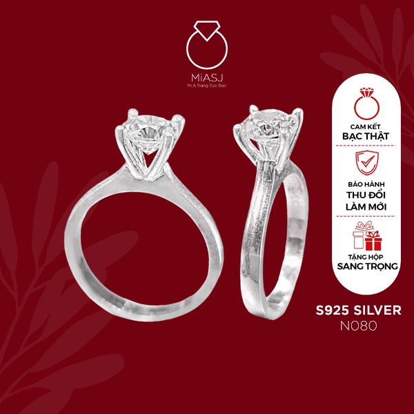 Nhẫn bạc Ý S925 nữ MiASJ 4 chấu kết đá vuông sang trọng N080/N080A/N080B