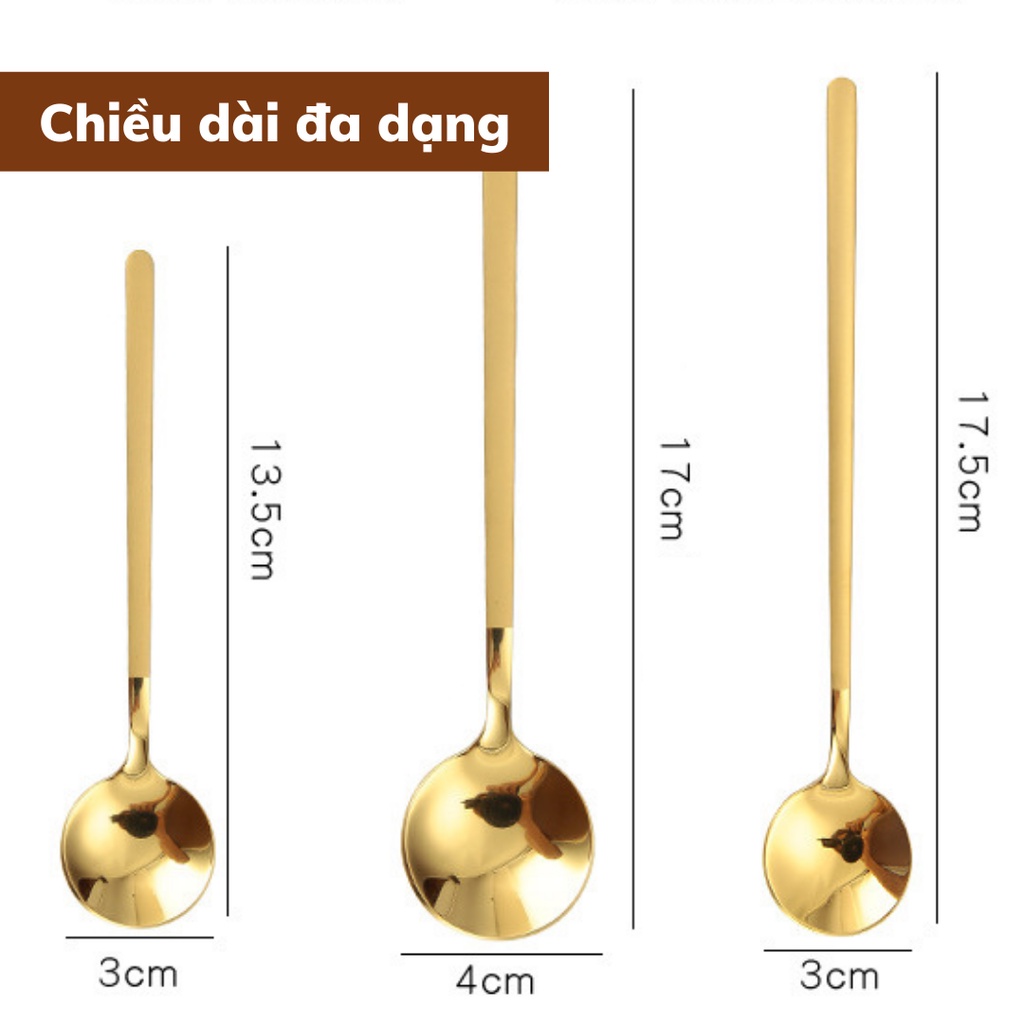 Thìa cà phê inox mạ vàng pha trà muỗng pha cafe cán dài kiểu dáng sang trọng thiết kế tinh tế chiều dài 13-15-17cm