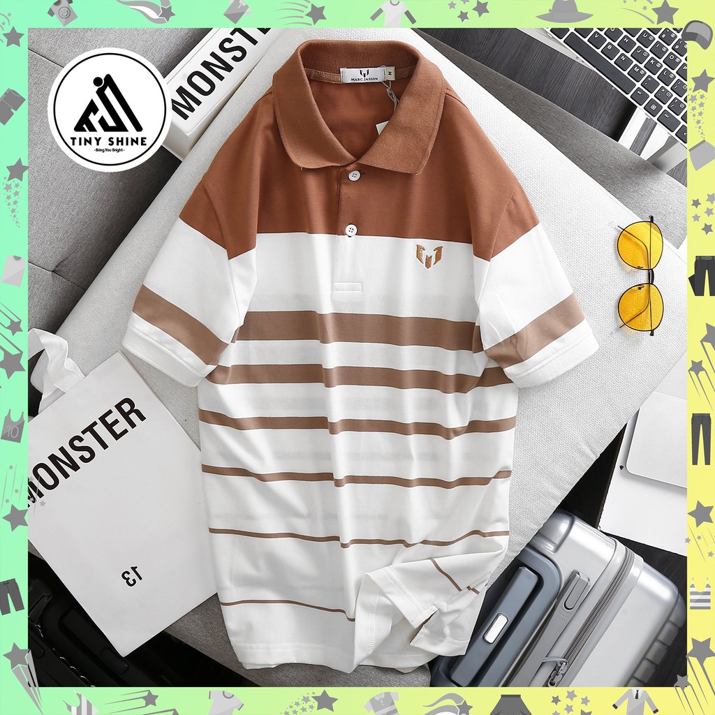 Áo Thun Ngắn Tay Có Cổ Polo Nam Vải Cotton Cao Cấp Kẻ Sọc Thêu Chữ M-arc (TinyShine)