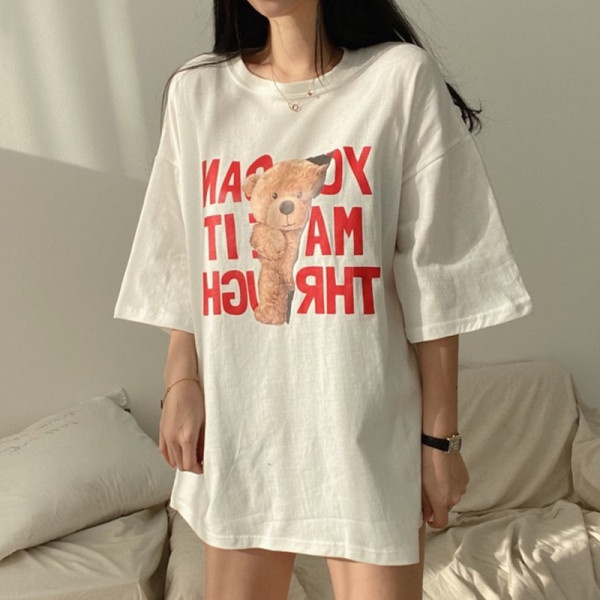 Áo thun gấu chữ Thr onesize unisex - Phông cổ tròn cộc tay form suông vintage oversize nam nữ - Chất thun đẹp