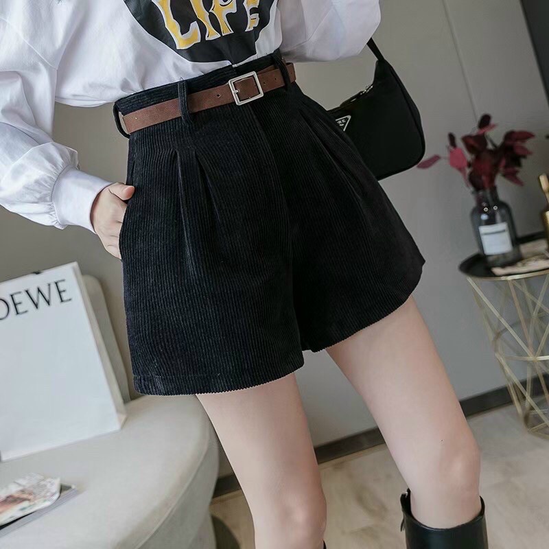 Quần Short Nữ Chất Nhung Tăm Lưng Cao Tôn Dáng Chân Dài, 2 màu đen - nâu